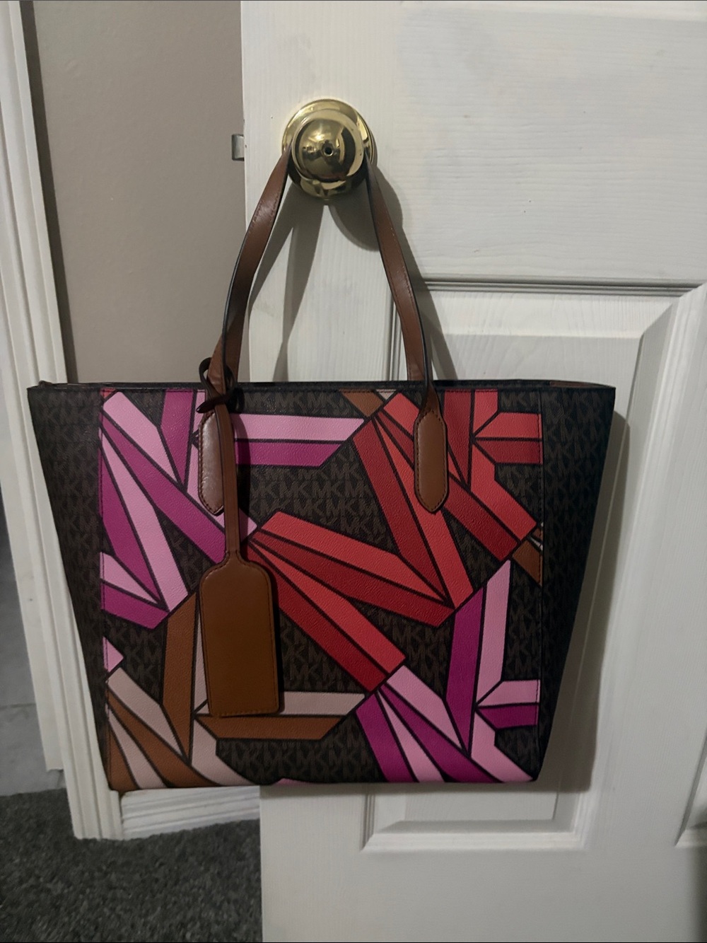 Michael Kors Brown Tote with Pink & Red Geometric Accents